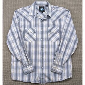 Resistol University Plaid Pearl Snap Western Shirt Grey Blue Large